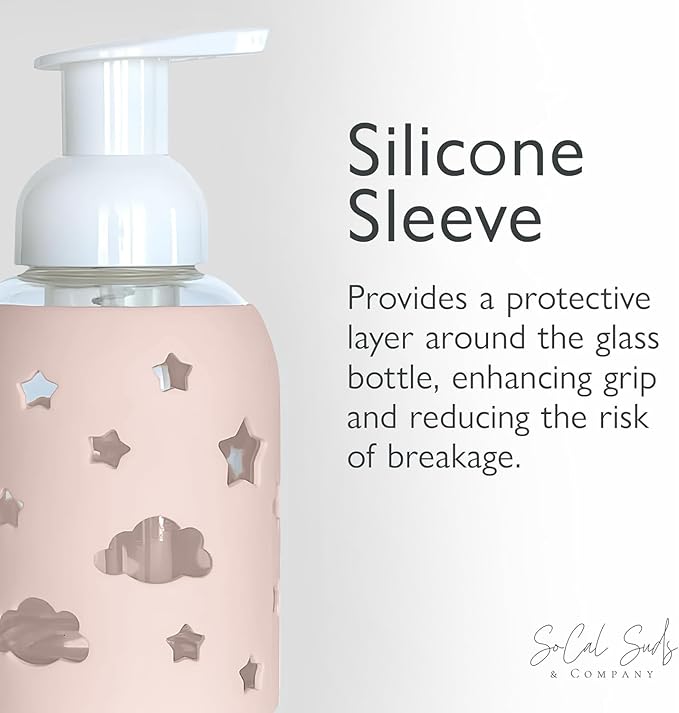 SoCal Suds & Company Glass Foaming Hand Soap Dispenser, Soft Grip Silicone Sleeve, Refillable Pump Bottle for Kids, Baby Wash & Shampoo, Ideal for Home Use, Light Pink 8oz