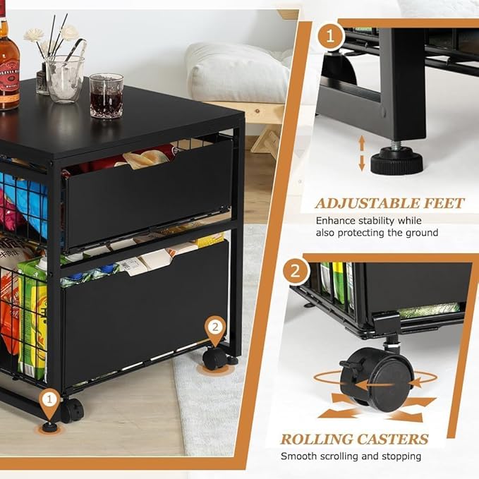 Mini Fridge Stand with Storage Drawer, 21.7”x21.7” Heavy Duty Mini Fridge Table with Wheels, Rolling Beverage Cart with Basket for Home, Office, Bedroom
