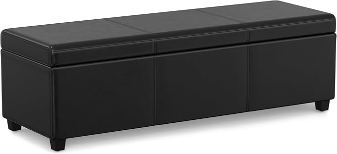 SIMPLIHOME Avalon 54 inch Wide Contemporary Rectangle Extra Large Storage Ottoman Bench in Midnight Black Vegan Faux Leather, Assembled, For the Living Room, Entryway and Family Room