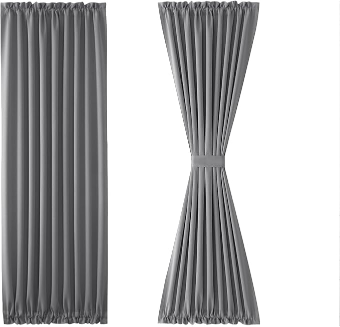 DWCN French Door Curtains – Rod Pocket Thermal Blackout Curtain for Doors with Glass Window, Kitchen and Patio Doors for Privacy, 36 X 80 Inches Long, 1 Curtain Panel with Tieback, Grey