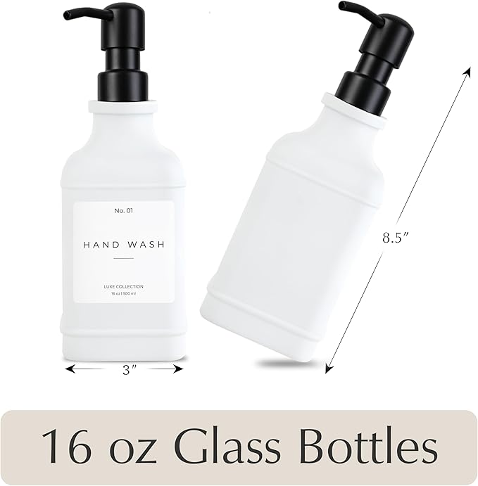 Emerson Essentials Glass Soap Dispenser Set – 16 oz 2-Pack – Refillable Dish & Hand Soap Dispensers for Kitchen or Bathroom – Stainless Steel Pump & Waterproof Labels Included
