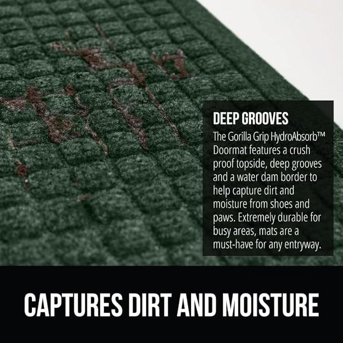 GORILLA GRIP Front Door Mat, 35x23, Indoor Outdoor Ultra Absorbent HydroAbsorb Doormat, Absorbs Up to 5.7 Cups of Water, Stain and Fade Resistant, Rubber Backing Doormats, Captures Dirt, Green