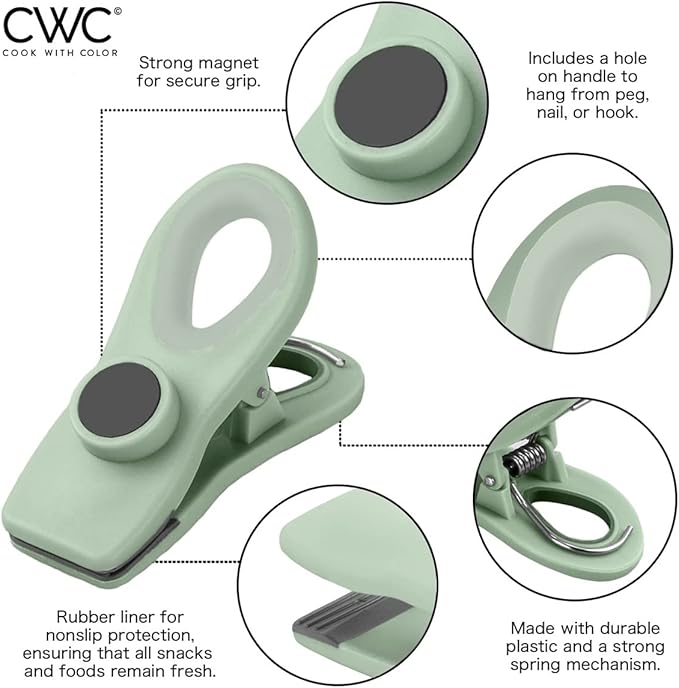 COOK WITH COLOR Bag Clips - Heavy Duty Chip Clip and Refrigerator Magnet Clips for Food Storage with Air Tight Seal Grip, Mint and Grey, Pack of 8