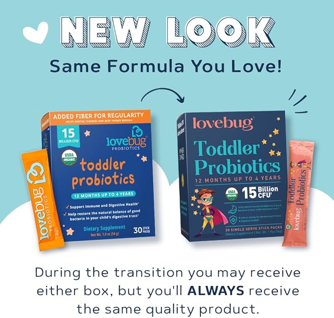 Lovebug Award Winning USDA Organic Probiotic for Toddlers & Kids | Multi-Strain 15 Billion CFU | Easy-to-Take Powder | Sugar Free | Ages 12 Months to 4 Years | 30 Count (Pack of 1)