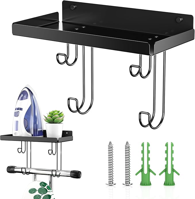 Ironing Board Holder Wall Mount, Ironing Board Hanger with Storage Shelf, Iron Board Holder for Wall, T&V Shaped Iron Board Hanger, Irons Storage for Laundry Room