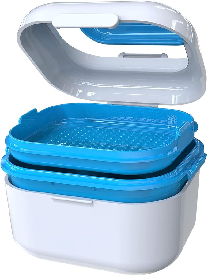 BVN Denture Case Denture Cup for Soaking Dentures Retainer Cleaner Case with Mirror Mouth Guard Case False Teeth Container White Blue