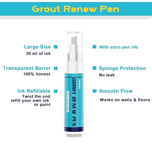 NADAMOO Grout Renew Pen Gray - 2 Large Size 20ml Tile Grout Paint Pen - Restore Grout Line - 2 Replacement Nibs and 1 Cleaning Brush