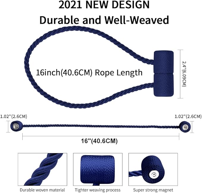 18 Inch Strong Magnetic Curtain Tiebacks, Curtain Holdbacks Modern Upgrade Strong 2021 New Twisted Style Decorative Drapery Rope Tie Backs(4 Pack Navy Blue)