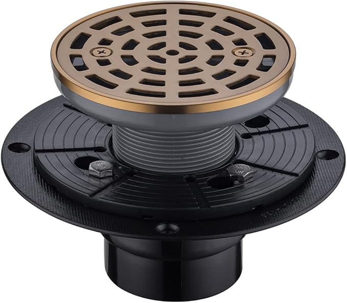 RANDOM Round Shower Drain SUS304 Stainless Steel Champagne Bronze Shower Drain 4 inch with Adjustable PVC Base Flange,Shower Floor Drain with Removable Cover Grid Grate