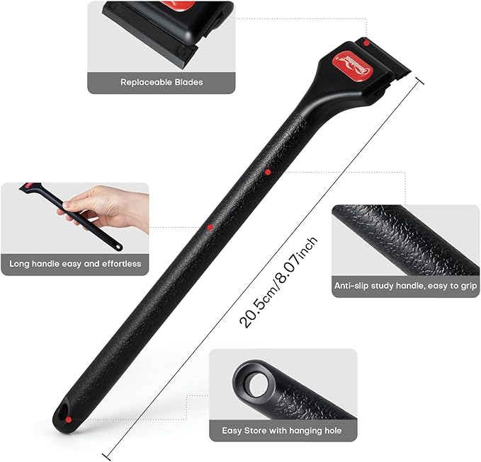 NEWISHTOOL 2 Pcs Long Handle Plastic Razor Blade Scraper With 100 PCS Spare Replacement Blades, Sticker Remover Glue Residue Tool for Hard to Reach Corner