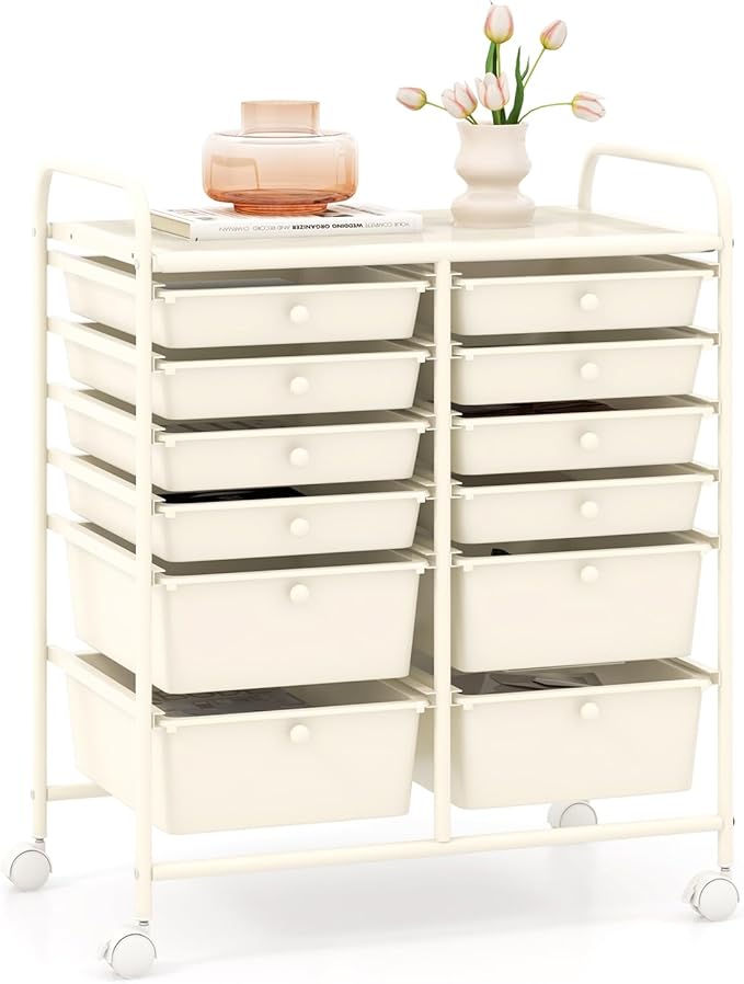 GOFLAME 12-Drawer Rolling Storage Cart, Multipurpose Organizer Cart with 2 Sizes Plastic Drawers, Mobile Utility Cart with Lockable Casters for School, Home Office, Beauty Salon, White