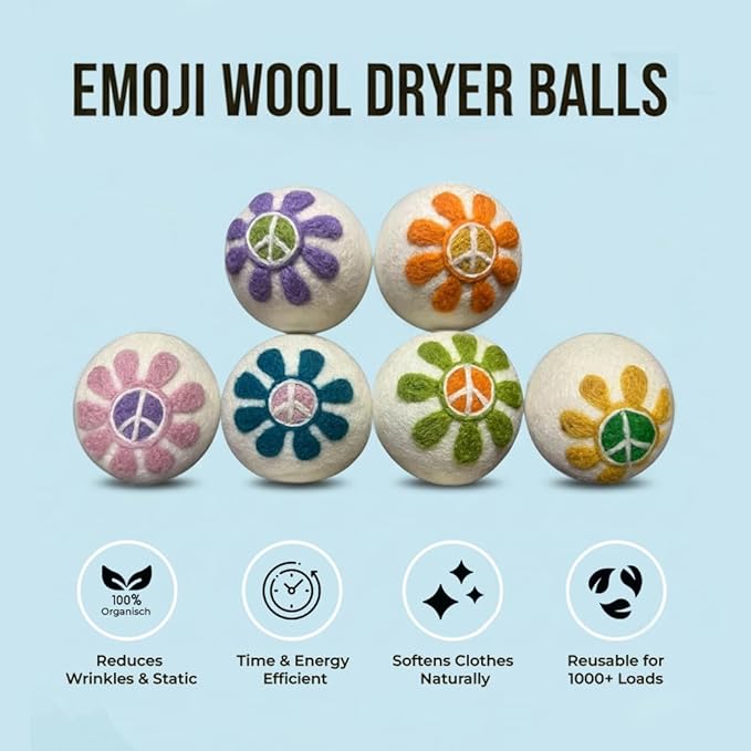 Ezhippie Quality Wool Dryer Balls - 6 XL Flower Pack - 1000+ Loads - Pure Organic Wool - Reusable Natural Fabric Softener Perfect with Essential Oils, Reduce Clothing Static and Wrinkles