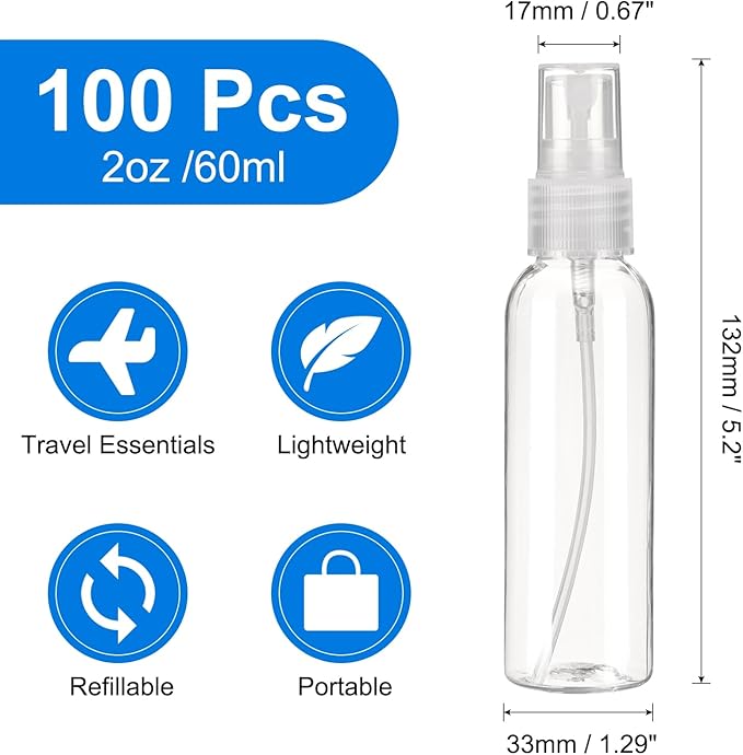 uxcell 100Pack Spray Bottles, 2Oz/60ML Reusable Clear Empty Mist Plastic Mini Travel Bottle Set,Small Refillable Liquid Containers for Household Use, Essential Oil, Cleaning (Transparent)