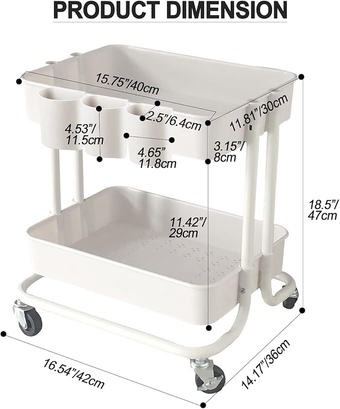 2-Tier Utility Rolling Cart Storage Sofa Side Table with Wheels, Mobile Trolley Organizer with for Office Home Kitchen Organization, Cream White