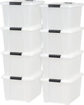 IRIS USA 33 Qt Stackable Plastic Storage Bins with Lids, 8 Pack - BPA-Free, Made in USA - Discreet Organizing Solution, Latches, Durable Nestable Containers, Secure Pull Handle - Pearl