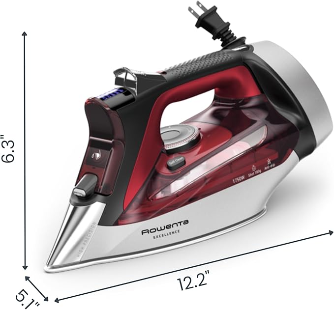 Rowenta Iron, Focus Excellence Stainless Steel Soleplate Steam Iron for Clothes, Retractable Cord, 400+ Microsteam Holes, Powerful steam, LED Display, 1750 W Ironing Clothes, Cordreel, Red DW5433