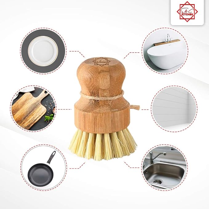 Bamboo Scrub Brush - S&C Kitchen, Cleans Pan/Vegetable/Dishes/Wok, Scrub Brush Dishes for Kitchen/Bathroom, Made Out of Palm & Sisal Bristles with a Handle, Vegetable Brush for Cleaning, Set of 3