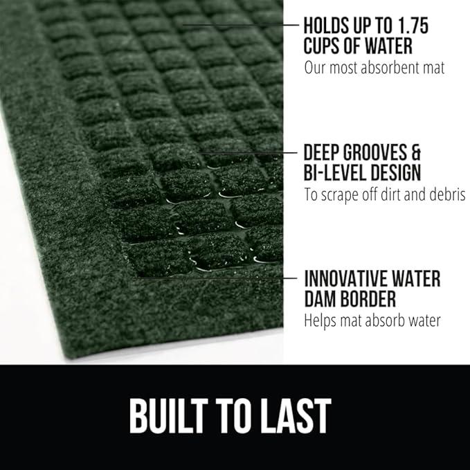 GORILLA GRIP Front Door Mat, Indoor Outdoor Ultra Absorbent HydroAbsorb Doormat, Absorbs Up to 1.7 Cups of Water, Stain and Fade Resistant, Rubber Backing Doormats, Captures Dirt, 29x17 Green