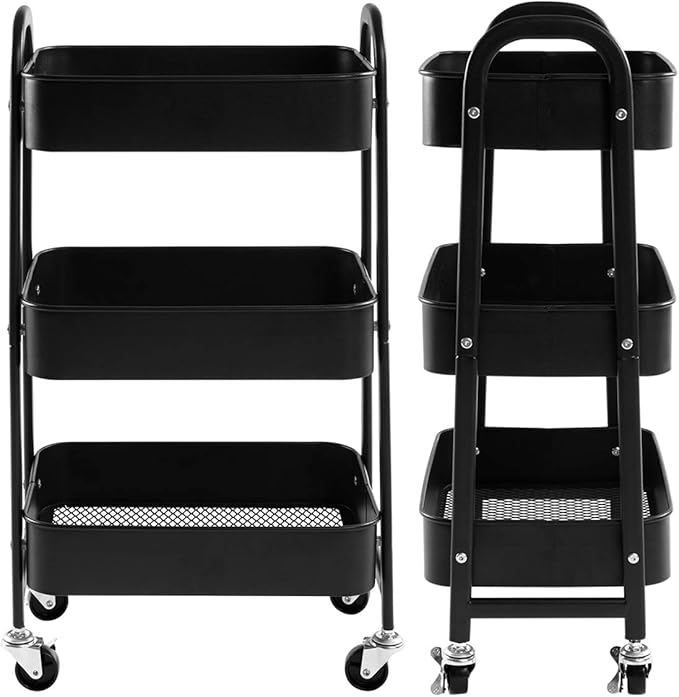 AGTEK Makeup Cart, Movable Rolling Organizer Cart, Black 3 Tier Metal Utility Cart