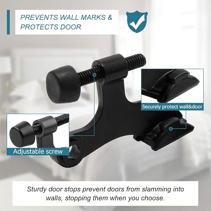 24 Pack Hinge Pin Black Door Stopper, Adjustable Heavy Duty Hinge Pin Door Stop with Black Rubber Bumper Tips