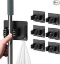 Mop Broom Holder No Drill, Mop Broom Organizer Wall Mounted Heavy Duty with Hooks Hanger, Self Adhesive Stainless Steel 6Pcs for Bathroom, Kitchen, Office (Black)