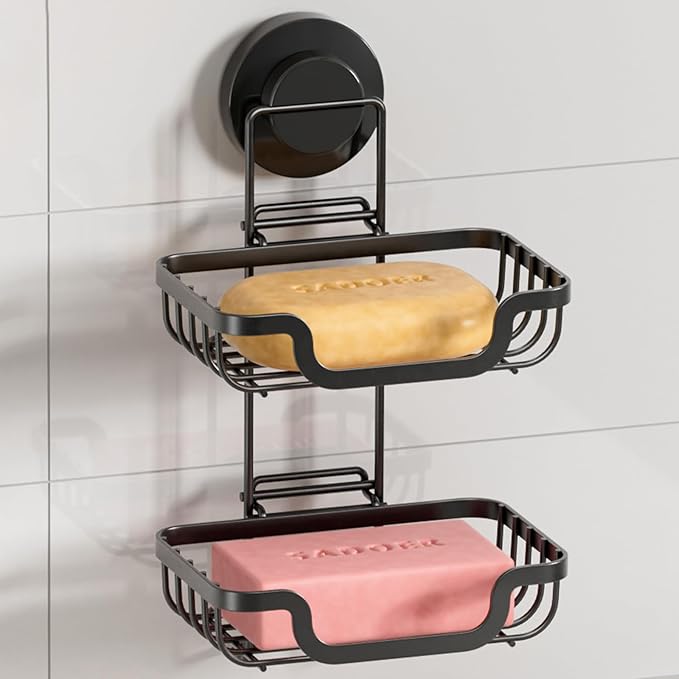 LEVERLOC 2 Tier Soap Holder, Soap Bar Dish for Shower Wall Mounted, Stainless Steel Suction Cup Sponge Holder for Bathroom Bathtub Kitchen Sink, Waterproof, Removable, Keep Dry, Black