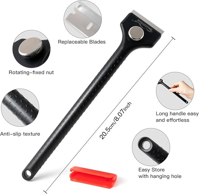 NEWISHTOOL Long Handle Scraper Tool Kit includes 2 Pcs Razor Blade Scraper and 20 PCS 1.5 inch Metal Razor Blades, Long Reach Sturdy Scraper Tool for Glue Residue Label Sticker Removal Oven Cleaning