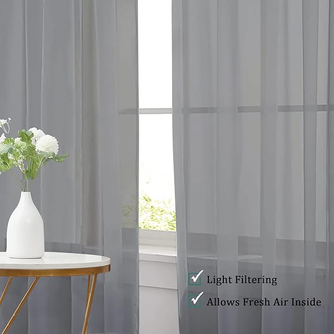 Chyhomenyc Sheer Window Curtains 72 inch Length 2 PCS- Rod Pocket Living Room Curtain Panels Voile Textured Soft and Lightweight Window Treatments for Bedroom Decor, 42W x 72L Inches, Charcoal Grey