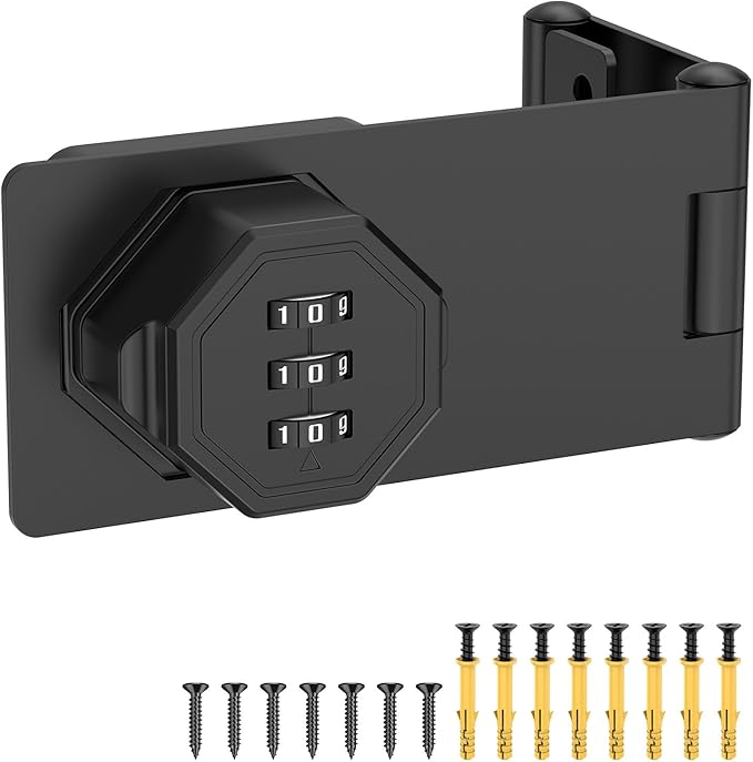 90 Degree 3-Digit Combination Cabinet Lock, Zinc Alloy Keyless Folding Hasp Lock Latch, Password Security Rotary Door Latch for Office File Cabinet, Drawer, Locker, Cupboard (1, Black)