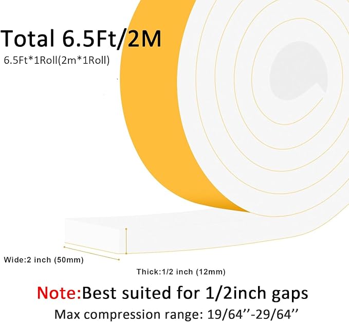 Weather Stripping Door Seal Strip, Strong Adhesive Foam Insulation Tape for Doors and Windows, SoundProof Weatherproof Air Conditioning Insulation, Winterizing (2 in x 1/2 Inx 6.5Ft