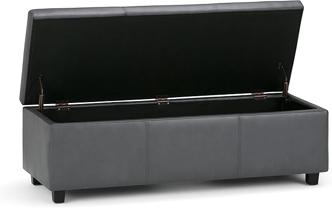 SIMPLIHOME Avalon 48 inch Wide Contemporary Rectangle Storage Ottoman Bench in Stone Grey Vegan Faux Leather, Assembled, For the Living Room, Entryway and Family Room