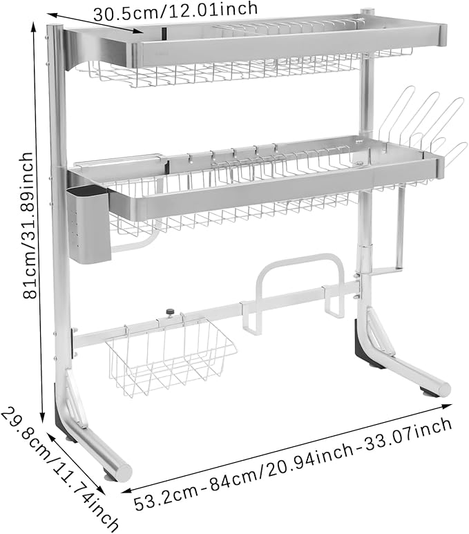 Over The Sink Dish Drying Rack, 2-Tier Stainless Steel Dish Drainer for Kitchen, Multifunctional Organizers, Chopstick Cage, Cup Holder, Cutting Board Holder, Knife Holder, 21''-33''Adjustable Length