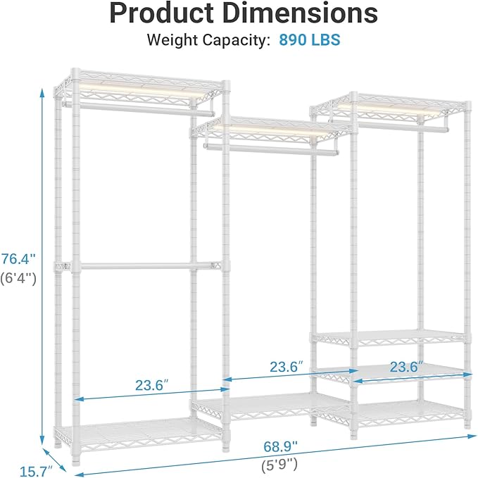 VIPEK V5L Garment Rack Heavy Duty Clothes Rack with Dimmable LED Lights, 3000K Warm White, Portable Closet Wardrobe Freestanding Metal Clothing Rack for Hanging Clothes, Max Load 890lbs, White