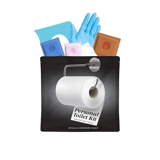 Personal Toilet Kit To Go – 10 Pack | Disposable Public Restroom Kit | Individually Wrapped for Toilet Protection Kit | Toilet Paper, Toilet Seat Cover, Butt Wipes, Cleansing Wipes (Black Toilet)