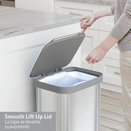 Glad Stainless Steel Step Trash Can, Series 2 with Clorox Protection - Large Metal Kitchen Garbage Bin with Soft Close Lid, Foot Pedal and Waste Bag Roll Holder, 13 Gallon