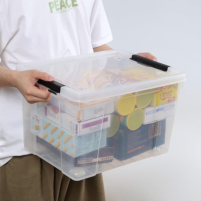 Set of 4 34 L Stackable Plastic Storage Bins with Latching Lids and Wheels, Clear Home Organization Container Box, See-Through