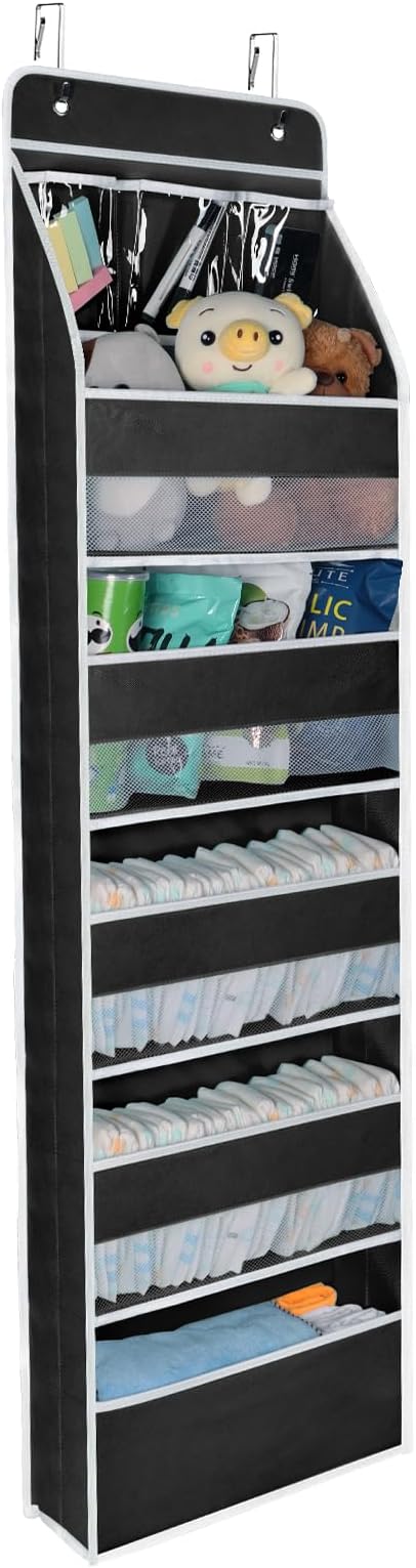 Univivi 6-Shelf Over Door Hanging Organizer Fabric Baby Door Storage with 5 Large Pockets and 3 Small PVC Pockets Wall Mount Hanging Storage Organizers for Baby Essential (Black)