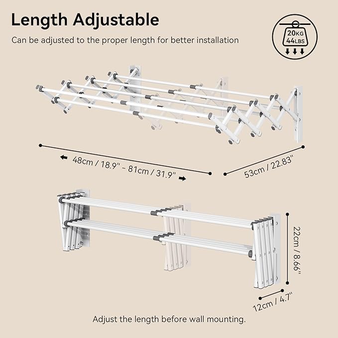 APEXCHASER Wall Mounted Clothes Drying Rack, Laundry Drying Rack Retractable, Towel Racks Wall Mounted for Bathroom Balcony Laundry Room Indoor, Foldable Accordion Dryer Rack for Clothing, White