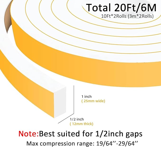 High Density Foam Weather Stripping Door Seal Strip Insulation Tape Roll for Insulating Door Frame, Window, Air Conditioner Self Adhesive Sealing Weatherstrip Dustproof (1 in x 1/2 in x 20 Ft)