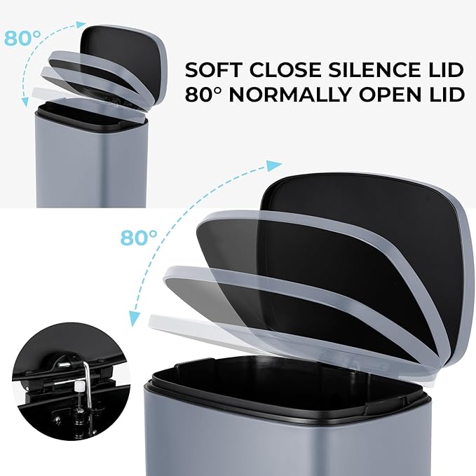 13.2 Gal Kitchen Trash Can, 50L Recycling or Garbage Bin, Brushed Stainless Steel Waste Basket, Soft&Quiet Close Dustbin, with Step-On Pedal, Removable Inner Bucket, for Home, Office, LIving Room