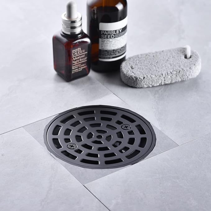 RANDOM Round Shower Drain Kit Matte Black with Adjustable Base Flange,4 Inch Shower Drain Cover with Threaded Adapter,Removable Invisible Look 304 Stainless Steel