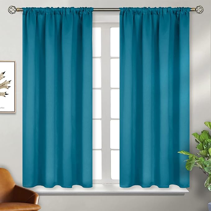 BGment Peacockblue Blackout Curtains 45 Inches Long for Bedroom Kitchen Window - Short Thermal Insulated Drapes Room Darkening with Rod Pocket for Cafe Bathroom, 42 x 45 Inch, 2 Panels