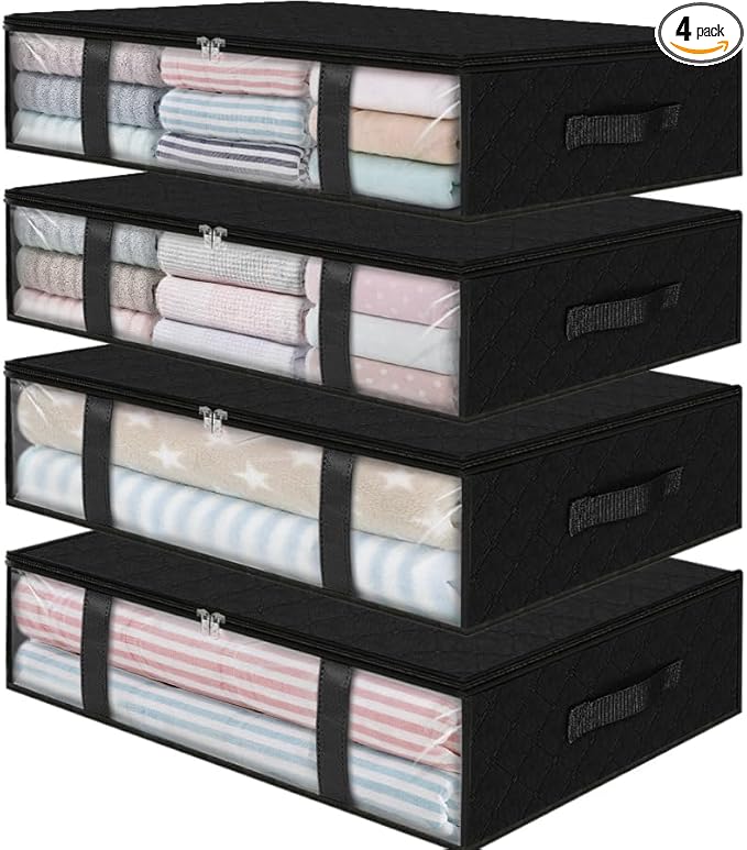 StorageRight Under Bed Storage Bins, 4-Pack 40L Foldable Fabric Storage Bags with Transparent Window, Breathable Organizer for Clothes/Blanket/Comforter/Quiltr, Black