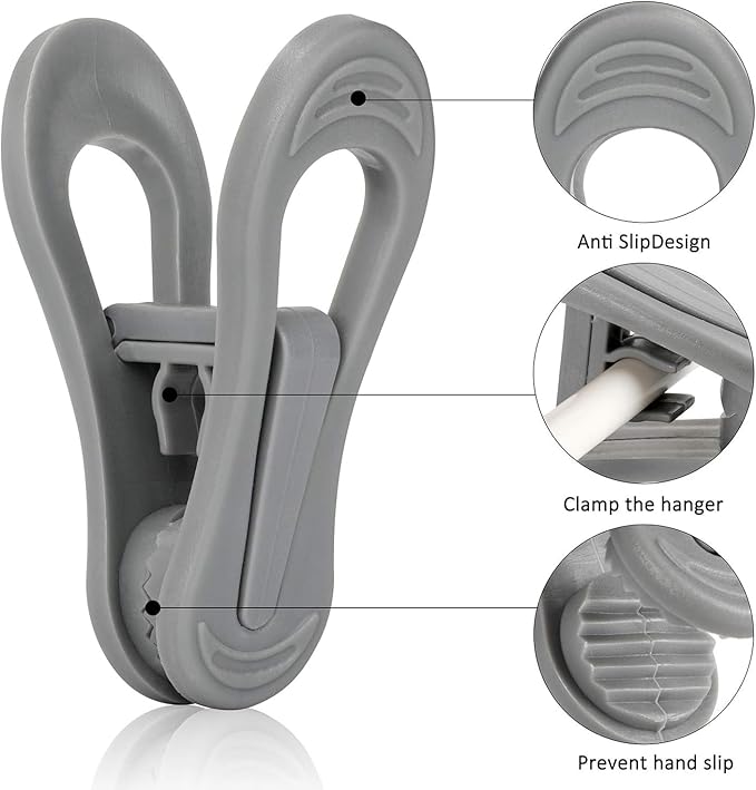 Tinfol 50pc Grey Plastic Hanger Clips, Strong Pinch Grip Finger Clips for Plastic Clothes Hangers, Multi-Purpose Hanger Clips