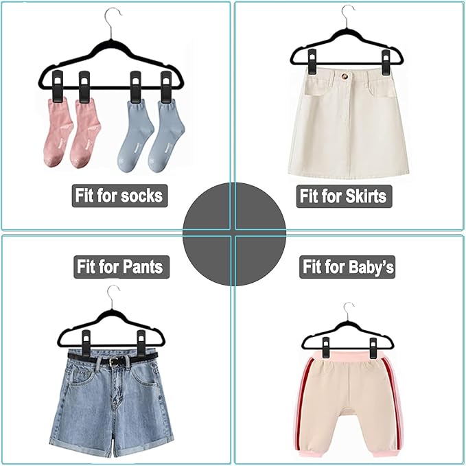 Hanger Clips Perfect for Velvet Hangers (Black, 20 PCS), Non-Slip Plastic Clips Pant Skirt Hanger Clips for Black Flocking Hangers