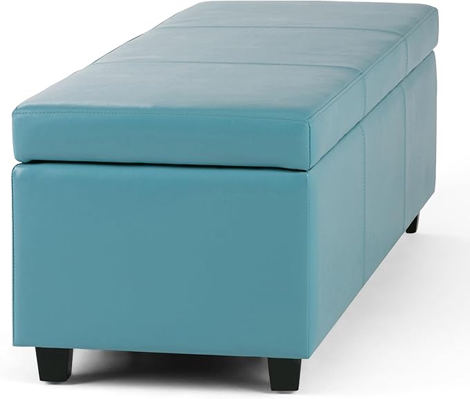 SIMPLIHOME Avalon 48 inch Wide Contemporary Rectangle Storage Ottoman Bench in Soft Blue Vegan Faux Leather, Assembled, For the Living Room, Entryway and Family Room