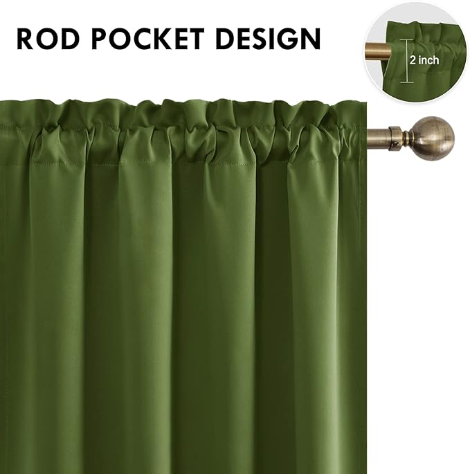 DWCN Olive Green Room Darkening Blackout Curtains - Thermal Insulated Privacy Energy Saving Window Curtain Drapes 52 x 63 inch Length, Set of 2 Bedroom Living Room Curtains