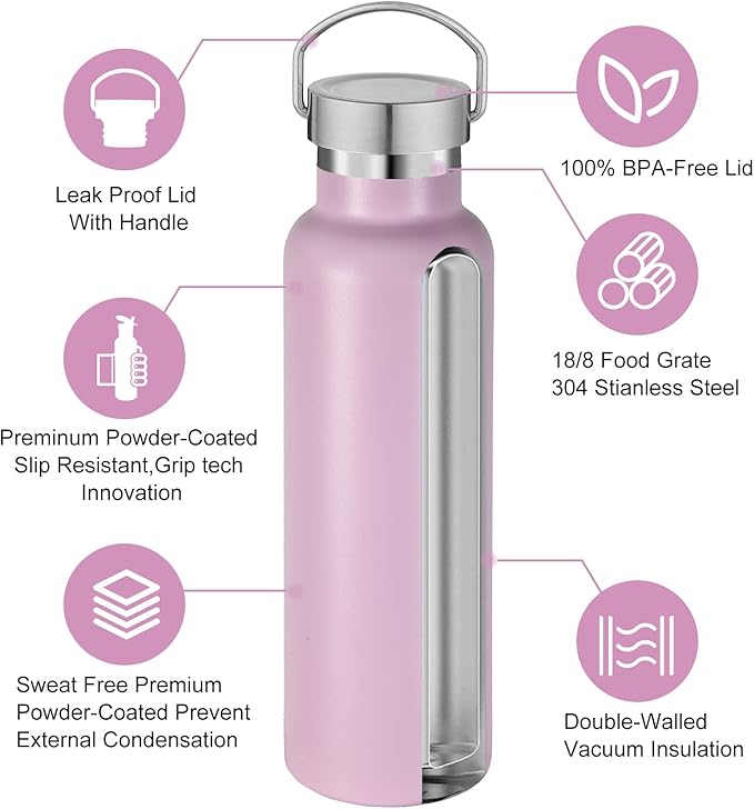 Neihepal Pink Stainless Steel Water Bottles,20 Ounce Vacuum Insulated Double Wall Travel Bottle with Leak Proof Lid of Handle,Metal Reusable Standard Mouth Flask Thermoses for School,Hikers,Gift