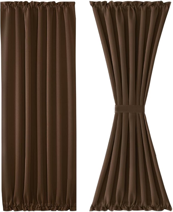 DWCN French Door Curtains – Rod Pocket Thermal Blackout Curtain for Doors with Glass Window, Kitchen and Patio Doors for Privacy, 54 X 72 Inches Long, 1 Curtain Panel with Tieback, Brown