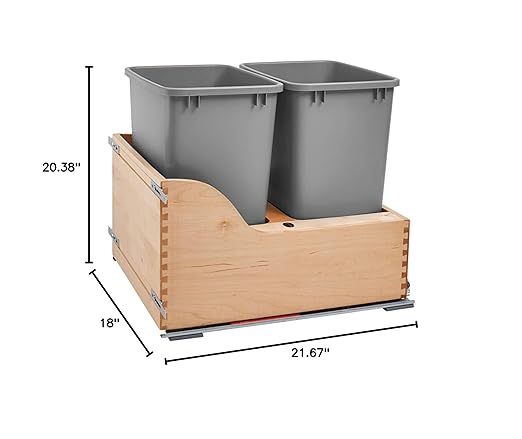 Rev-A-Shelf Pullout Trash Cans for Kitchen Cabinet, Dual 35 Qt Bins with 18" Wood Frame - Large Garbage Bin Containers for Home Waste Storage and Recycling